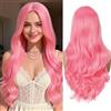 PORSMEER Parrucche 26 pollici/60 cm lunghezza Wavy fibre sintetiche ricci parrucca di ricambio per feste Cosplay quotidiano parrucca (rosa)