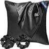 Seiwohl Set di 2 Federe Raso 80x80cm & 2 Scrunchies, Federa per cuscino in seta, Design con apertura a lampo, Morbido come una Federe Seta Cuscino, Nero Federe Cuscini 80x80