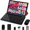 GOODTEL New Tablet 10 Pollici Android 13 con 10 GB RAM 64 GB ROM (TF 1TB), WiFi 6(5 G+2.4 G), Bluetooth 5.0, Type-C, 6000 mAh, 8 MP+5 MP, con custodia, tastiera, mouse(rosso)