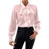 AruMinna Camicia in raso da donna con papillon con volant decorazione a strati camicia da donna a tunica top a maniche lunghe colletto a V con bottoni e volant camicetta vittoriana, rosa, L