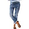 Generico Jeans da donna dritto, con chiusura a bottoni Jeans in denim invecchiato con polsino Pantaloni Casual Larghi in Denim Casual con Coulisse Pull On Jeans in denim