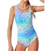 JiAmy Costume da bagno intero per ragazze, con motivo leopardato sfumato e sirena, elasticizzato, senza maniche, per bambine da 8 a 13 anni, Blu, 8-9 Anni