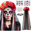 BOYATONG Cerchietto per Halloween Dia de Los Costume da donna Messicano Teschio Giallo Arancione Fiore Teschio Fiore Tatuaggio Viso Collare e Adesivi Diamanti, Halloween Giorno dei Morti Copricapo Donna