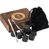 Buddy´s Bar - 9 pietre per whisky, 2 x 2 cm, set regalo, elegante scatola di legno, sacchetto di velluto, pinze, cubetti di ghiaccio naturali di basalto, pietre refrigeranti neutre e di colore nero