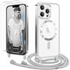 Ethanger Magnetica Cover con Cordino per iPhone 13 Pro Custodia con 2 Vetro Temperato, Trasparente Ultra Sottile Antiurto Silicone Protettiva Cover con Laccio per iPhone 13 Pro Argento