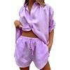 Generic Pantaloncini corti da donna in cotone e lino, set da 2 pezzi, top per salotto, spiaggia, vacanze, due pezzi, tute, mussola, blusa, set da donna, Lilla #2, L