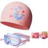 SYTTNUM 4 Pezzi Sirena Cuffia Da Nuoto Bambini Set Braccioli Gonfiabili,Cuffia In Silicone Per Bambini Cartoon,Rosa Cuffia Da Nuoto In Silicone Impermeabile Per Bambini