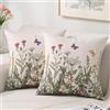 HomeStilez Federe Cuscini per Divano 40 x 40 cm Impermeabile da Esterno Copricuscini Lino Fiori Selvatici Set di 2 Fodere Cuscino Quadrate con Piante Verdi per Giardino Soggiorno Patio Primavera Estate