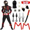 BIQIQI Ninja Costume Bambini, 18Pcs Set di Ninja Costume per Bambini con Accessori Ninja in Plastica e Schiuma, Costume Muscolare Ninja per Carnevale, Halloween e Cosplay (M)