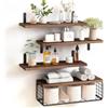 BAKAJI Set 4+1 Mensole da Parete in Legno Massiccio, Scaffali a Muro Multiuso, Staffe e Cestino in Metallo, Scaffalatura per Camera da Letto, Soggiorno, Cucina, Bagno, Libreria, Salvaspazio (Rovere)
