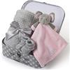 Hoolaroo Set regalo per neonato, con scatola dei ricordi unica a forma di valigia con elefante rosa e coperta