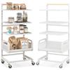 HOMASIS Carrello Portaoggetti con 3 Ripiani e un Cestino, Carrello con Ruote Portatutto Cucina, Carrellino Salvaspazio e Regolabile in Ferro e Legno, Portata 20kg, 35,5 x 29 x 84,5 cm, Bianco