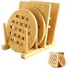 Dinhauyon 4 Pezzi 5.9in Sottopentole Bambù Naturale con 1 Scaffale Stoccaggio, Sottobicchieri Antiscivolo Quadrati e Rotondi Cucina, Sottopentola Legno Calore Resistente per Piatti Caldi Ciotole Teiere Padelle