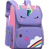 Queenshin Zaino Scuola Elementare Media Bambina Bambino,Spallacci Impermeabili, Riflettenti e Regolabili,Leggero Multi Scomparto per Scuola,Viaggi,Campeggio,25L,Unicorno Viola