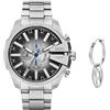 Diesel Uomo Watch Orologio Mega Chief Slim e orecchini con Oval D logo, acciaio inossidabile color argento, Set