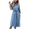 Generic Abito da donna in denim a maniche lunghe, casual, slim fit, con bottoni, scollo a V, abito midi con colletto e tasche, abito estivo blu jeans da donna UK, Blu, M