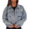 IQYU Giacca in jeans da donna con strass, elasticizzata, per le mezze stagioni, taglie forti, per il tempo libero, da motociclista, con perle, camicette autunnali, bianco, XL
