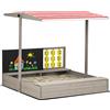 Outsunny Sabbiera quadrata in legno per bambini 114 x 113 x 110 cm con panche, tetto regolabile, tavolo e giochi grigi