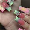 GlamRays Set di 24 pezzi Lunghi Quadrato Press on Nails Set Fresco Design Blu Stile Francese Bellissimo Giallo Ombré False Nails Iridescente Stella Metallica 3D Strisce Nails