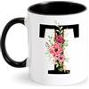 Tarklanda Tazze con Iniziale Tazza da caffè Personalizzata Tazza con Lettere e Floreale Tazza in Ceramica Nera Tazza Iniziale Regali per Donne Amici per Compleanno, San Valentino, Natale (T)
