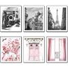 HoozGee Stampa artistica da parete in stile vintage alla moda, stampa artistica su tela in bianco e nero, Torre Eiffel, fiori rosa, porte, finestre, foto, decorazione da parete per ufficio, camera da
