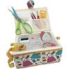 JYC CREATIVE Cucito medio in legno con accessori, scatola da cucito foderata in tessuto con 4 scomparti, organizer con spillo, scatola con maniglia, vassoio per accessori, (Est. Fili, Medio)