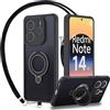 Meeter Cover per Xiaomi Redmi Note 14 5G con Cordino, [Compatibile con Magsafe] Custodia Tracolla Traslucida Opaca Posteriore PC+TPU Bordo Case Magnetica Girevole Anello Supporto, Nero