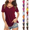 KKvoPiQ Maglia da yoga con scollo a V, a maniche corte, basic Plain Tee T Shirt Giallo da donna, Nero , M