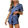 Generico Pigiama Donna Estivo Corto Pigiama Due Pezzi Seta in Raso Maniche Corte con Bottoni Scollo a V Top + Pantaloni Corta Leggero Taglie Forti in 2 Pezzi per Casa Eleganti T-Shirt