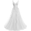 Beyonddress Glitter Tulle Abiti da sera Lunghi Abito da ballo Appliques Pizzo Scollo a V Abito da ballo per le donne, Celeste., 44