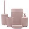 Inbagno Set bagno accessori completo - 5 pezzi, kit accessori appoggio colorato rosa, include dispenser, portaspazzolini, portasapone, scopino wc e pattumiera 4,2 lt, linea Ring