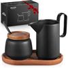 ecooe Set latte e zucchero - Brocca per latte in ceramica nera e zuccheriera, con coperchio e cucchiaio in metallo, zuccheriera Barista con vassoio in legno, brocca in ceramica, contenitore per latte
