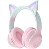 Usoun Cuffie Bluetooth cartone animato,con orecchie da gatto con luce a LED,slot per schede SD,jack audio da 3,5 mm,cuffie sovraurali pieghevoli,senza fili e cablate,per bambini,bambine (grigio rosa)