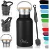 Milu Borraccia in acciaio inox, 350 ml, 500 ml, 750 ml, 1000 ml (+3 coperchi), thermos con cannuccia, per bambini, adulti, in viaggio, a tenuta stagna (Nero, 350 ml)
