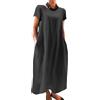 Xnova Vestiti Donna Estivi con Tasche, Scollo Rotondo Vestito in Lino, Manica Corta Lungo Abito Larghe Casual Boho Abiti (Nero, L)