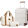 KONO Set di Valigie Trolley Rigido Bagaglio a Mano 55cm con 4 Ruote + Borsone da Viaggio Espandibile Palestra e Borsa da Toilette, Bianco Crema