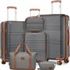 KONO Set di 6 Pezzi Valigie da Viaggio (55/65/74cm) e Beauty Case Rigide Valigia in ABS Trolley con 4 Ruote TSA lucchetto + Borsone da Viaggio Espandibile Palestra + Borsa da Toilette, Grigio/Marrone
