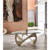 STONES HOME FURNITURE, Tavolino Salotto Moderno con Base in Pietra Fossile White Agata e Top in Vetro Triangolare, Modello Tetris, Colore Beige, 100 x 100 x h 42 cm