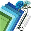 HanCheng Set di 6 fogli di carta crespa colorati, 6 rotoli da 25 x 200 cm, blu sfumato con 15 fili di fiori, 2 bastoncini di colla a caldo, nastro biadesivo, righello, filo da cucito, carta crespa floreale fai