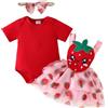 UUAISSO Vestiti per Neonata Top con Volant Gonne con Bretelle a Girasole e Fascia per Capelli Abiti Estivi Rosso Fragola 0-3 Mesi