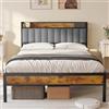 Bealife Letto imbottito 140x200cm, struttura letto in legno e metallo Piattaforma imbottita Letto matrimoniale con supporto testiera a doghe in legno (Grigio chiaro)