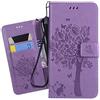 Ougger Custodia per LG K40 Custodia Portafoglio Pelle Magnetico Morbido Protettivo Silicone Flip Borsa Cover per LG K40 con Porta da Visita, Gatto e Albero (Viola)