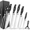 GRILLAB Set Coltelli da Cucina Professionali, 7 Pezzi in Acciaio Inox Ultra Affilati, Manico Ergonomico Nero Antiscivolo con Forchettone e Pelapatate, da Barbecue