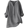 Generic Lino 2024 Camicie per le Donne Manica Lunga Manica Media Cotone Estate Top Solido Casual Ladies Abiti Garza Crinkle Oversize Button Down Primavera Alla Moda Stand Collar Plus Size Club, Grigio, L