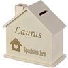polar-effekt Salvadanaio in legno a forma di casa con incisione, regalo per matrimonio, battesimo, nascita, compleanno, inaugurazione di compleanno, personalizzato; motivo: Casetta con cuore