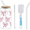XINGNA Bicchiere in vetro con coperchio e cannuccia, 16 oz Bubble Tea Tazza Iced Coffee Bicchiere multiuso per frullati, caffè, cocktail (fiocco rosa)