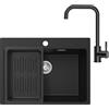 CECIPA Lavandino Cucina Nero in Granito 60 x 45cm con Rubinetto Nero, Lavello Cucina 1 Vasca con Colino Cestello, Lavabo Cucina per Armadio da Cucina da 60cm, con Sifone Classico e troppopieno