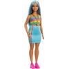 Barbie - Bambola Fashionistas n. 218 da collezione 65° Anniversario, con lunghi capelli blu, top color arcobaleno e gonna turchese, giocattolo per bambini, 3+ anni, HRH16