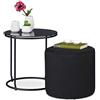 relaxdays Set Tavolino e Sgabello, 40 x 40 cm, Tavolo con Pouf Salvaspazio Rotondo per Divano, Vetro e Metallo, Nero