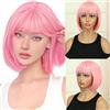 Creamily Parrucca corta rosa liscia con frangia per donna, parrucca sintetica liscia naturale per ragazze, parrucca rosa per travestimenti, feste e uso quotidiano, 25,4 cm